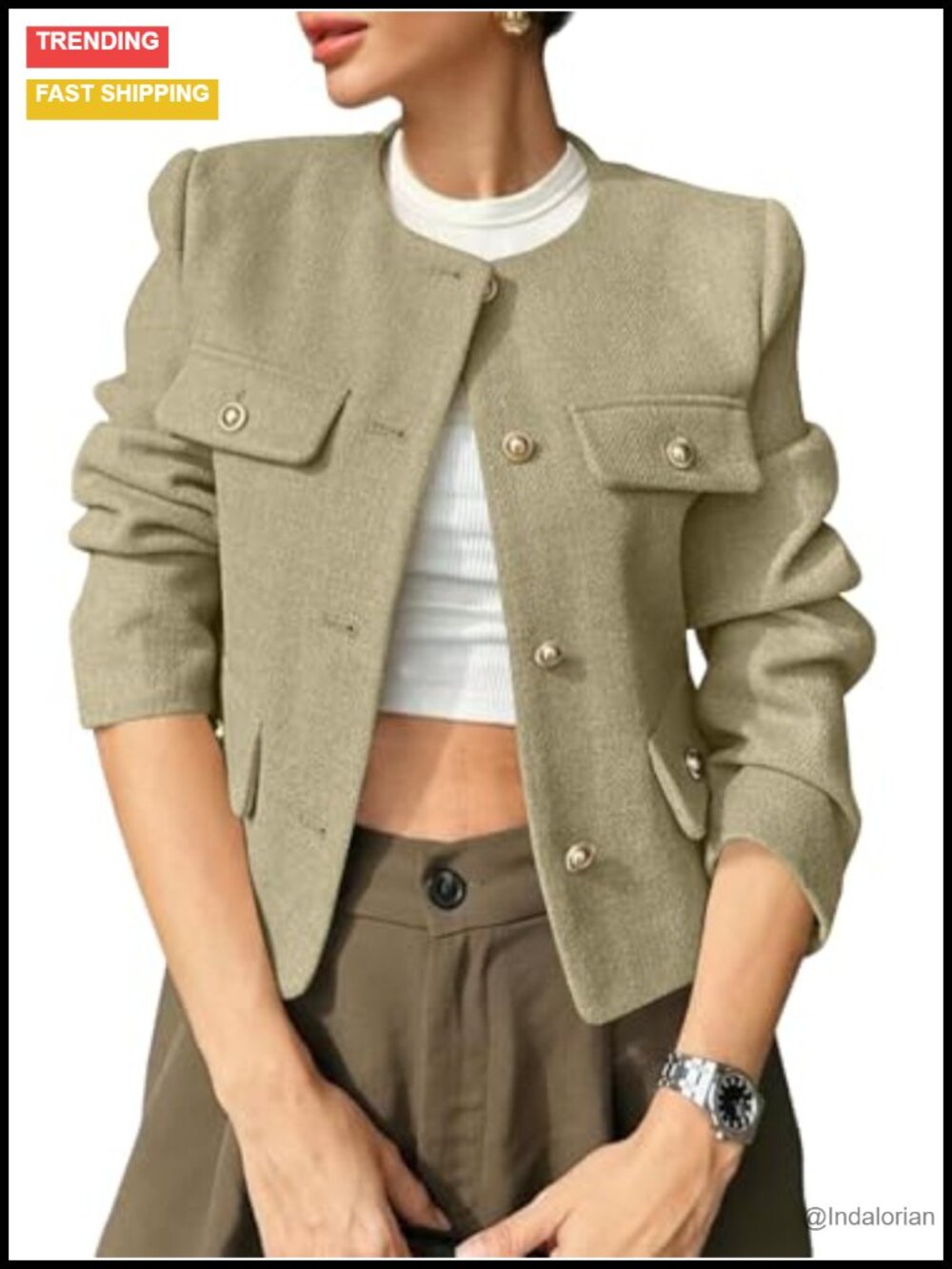 Women's Cropped Tweed Blazer Collarless Button Down Jacket
